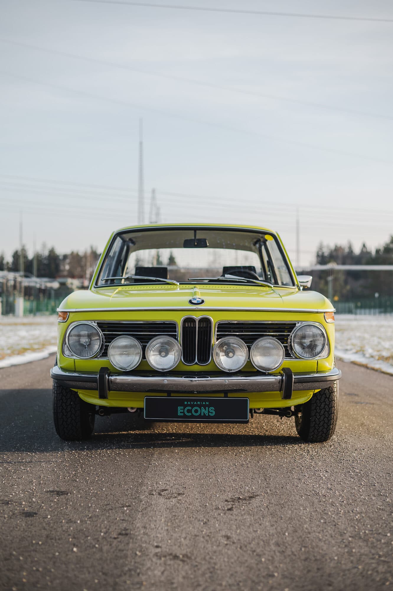 Bavarian Econs 2002 te — electric BMW 2002 front view, winter field